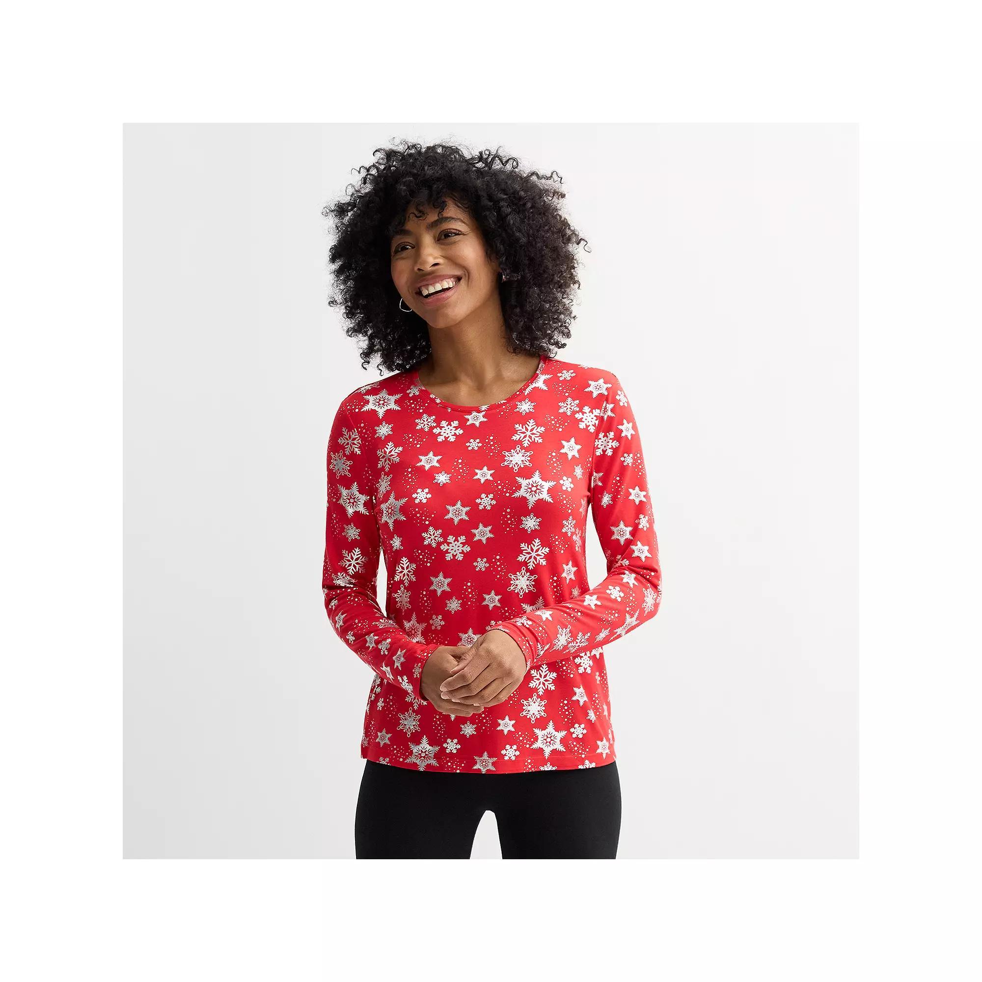 Women's Jollidays Long Sleeve Crewneck T-Shirt, Girl's, Size: Medium, Red Snowflakes Product Image