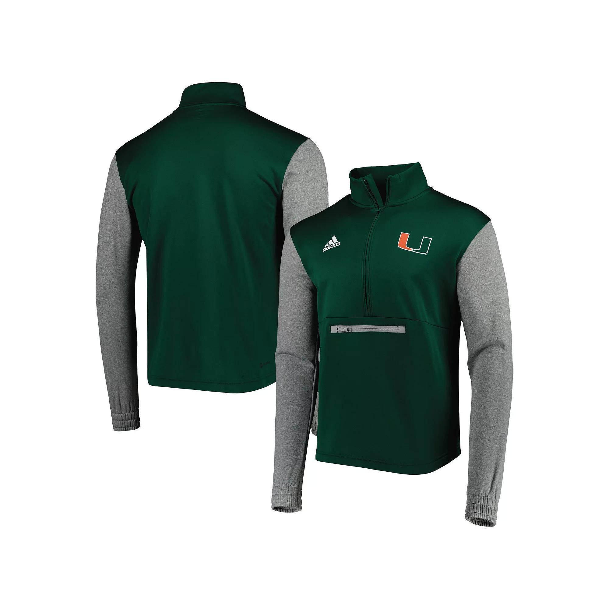 Men's adidas Green/Heathered Gray Miami Hurricanes Team AEROREADY Half-Zip Top, Size: Medium Product Image