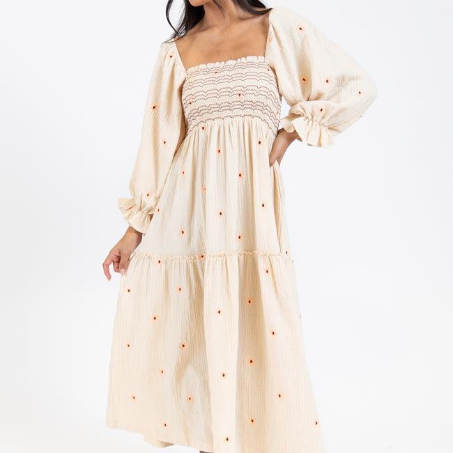 Dress To Impress Beige Floral Stitched Smocked Top Dress FINAL SALE Product Image