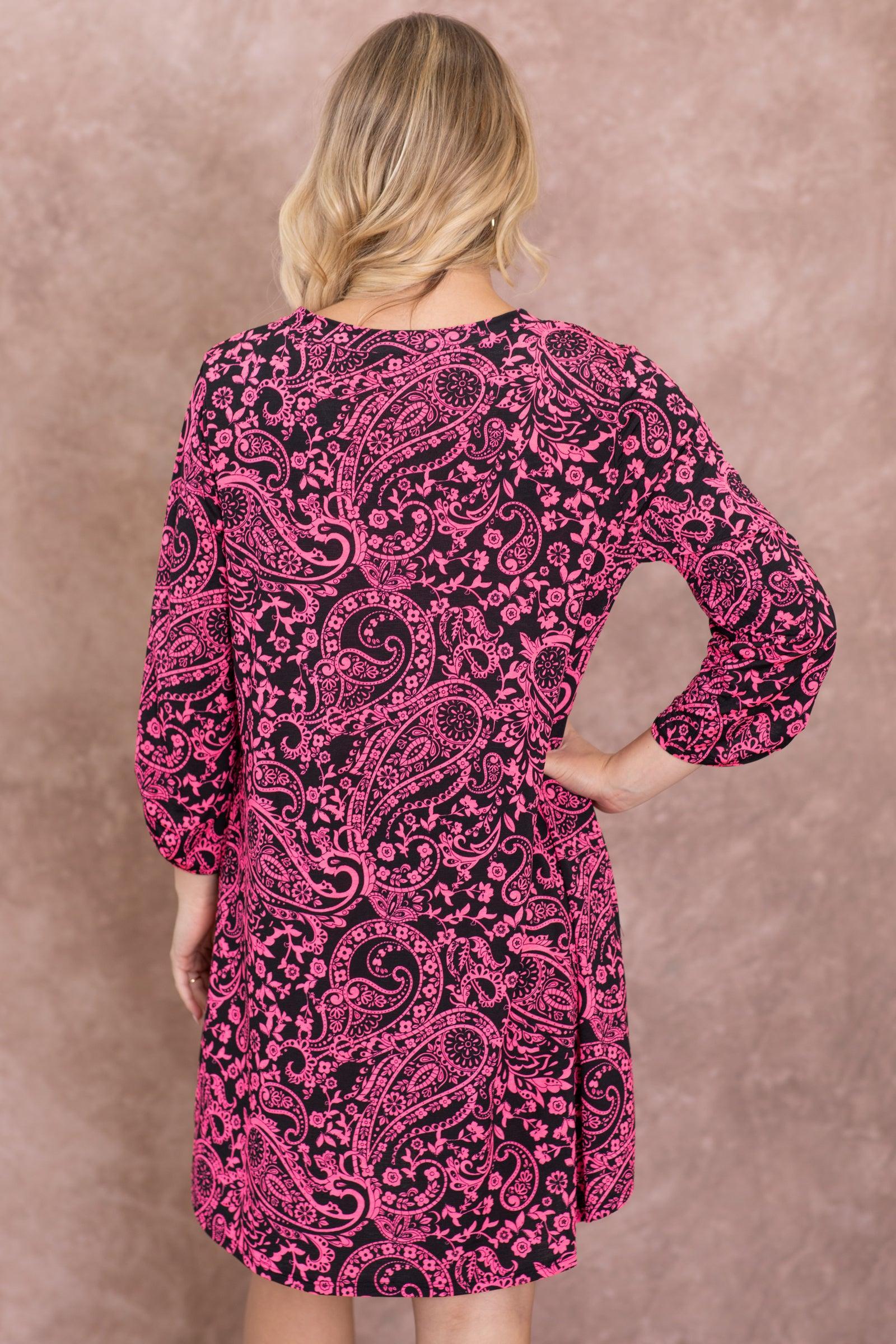 Black And Neon Pink Wrinkle Free Dress Product Image