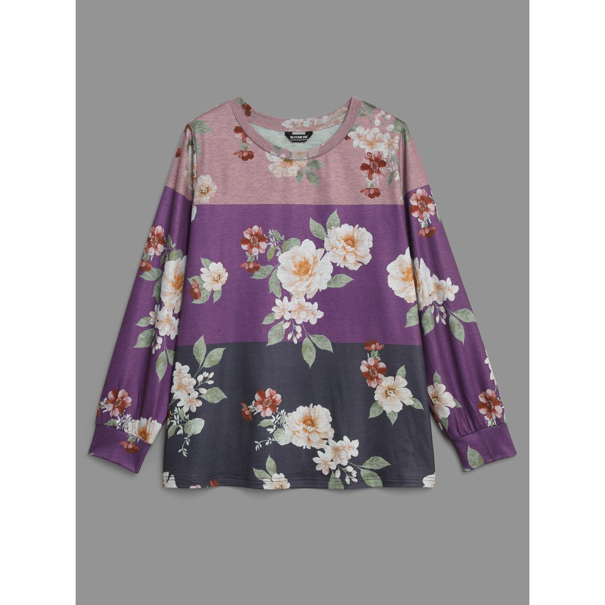 Plus Size Natural Flowers Contrast Round Neck Sweatshirt Women Multicolor Casual Contrast Loose Round Neck Everyday Sweatshirts BloomChic 18-20/2X Product Image