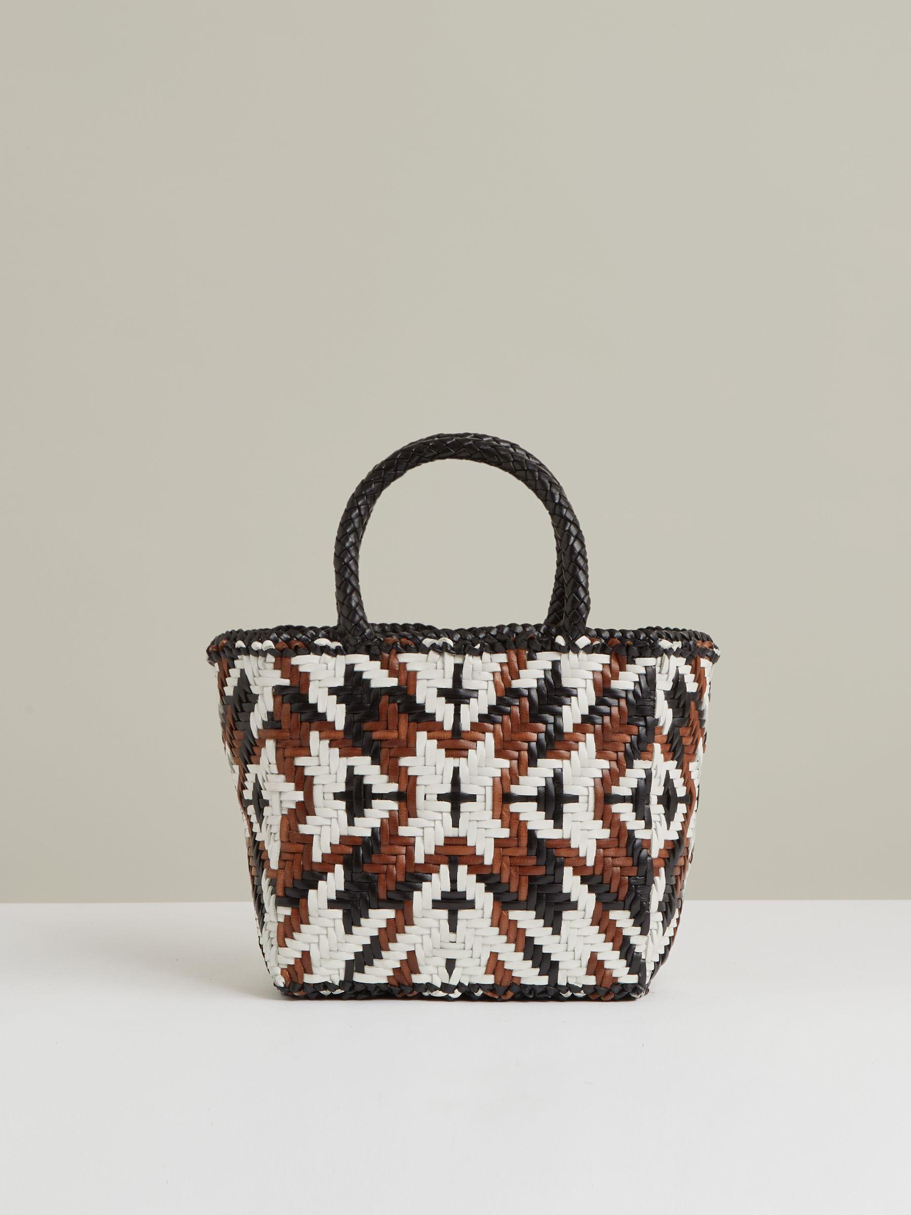 Small Leather Woven Tote Bag in Tan/White/Black Product Image