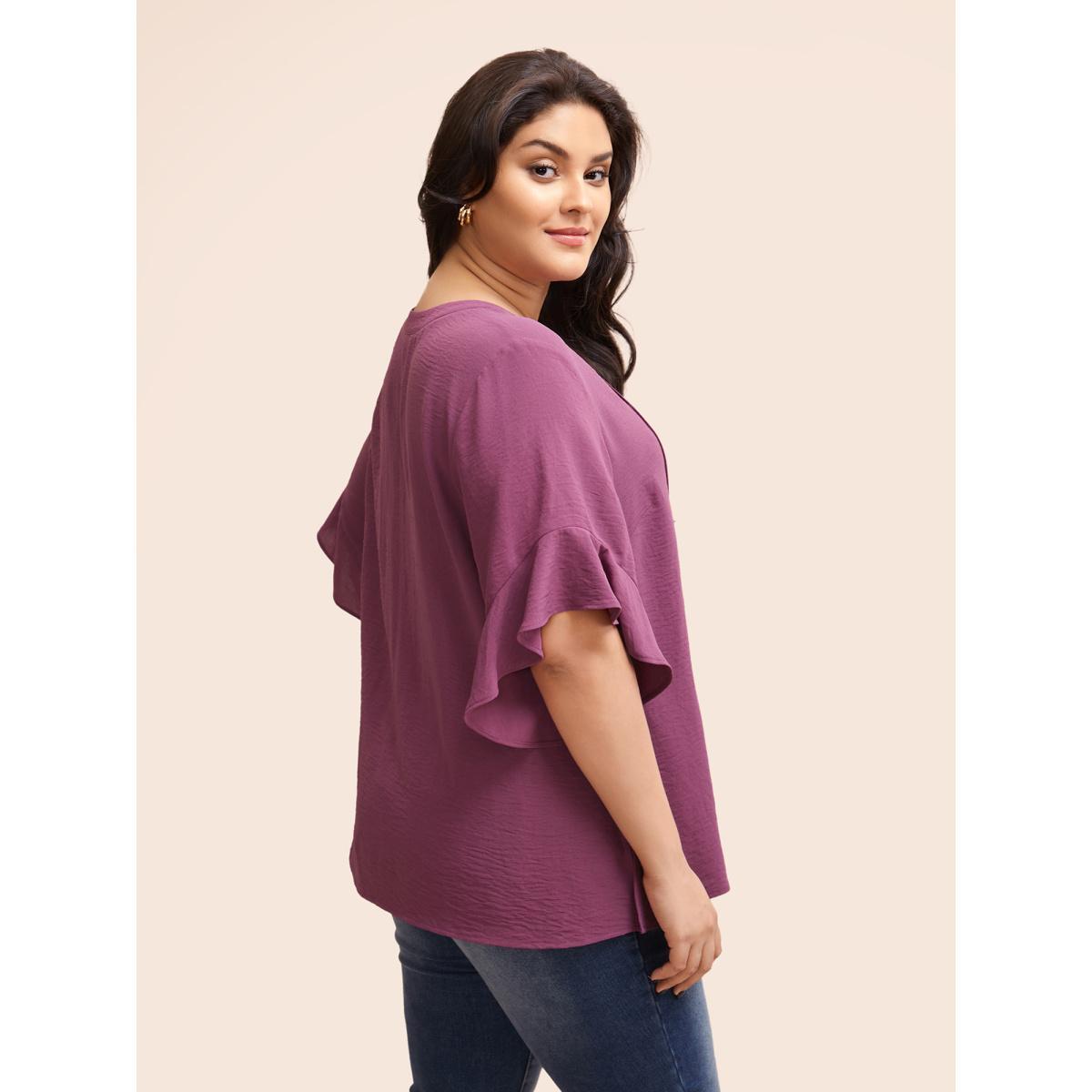Plus Size Mauve Notched Pleated Ruffles Split Hem Blouse Women Elegant Half Sleeve Flat collar with V-notch Everyday Blouses BloomChic 18-20/2X Product Image