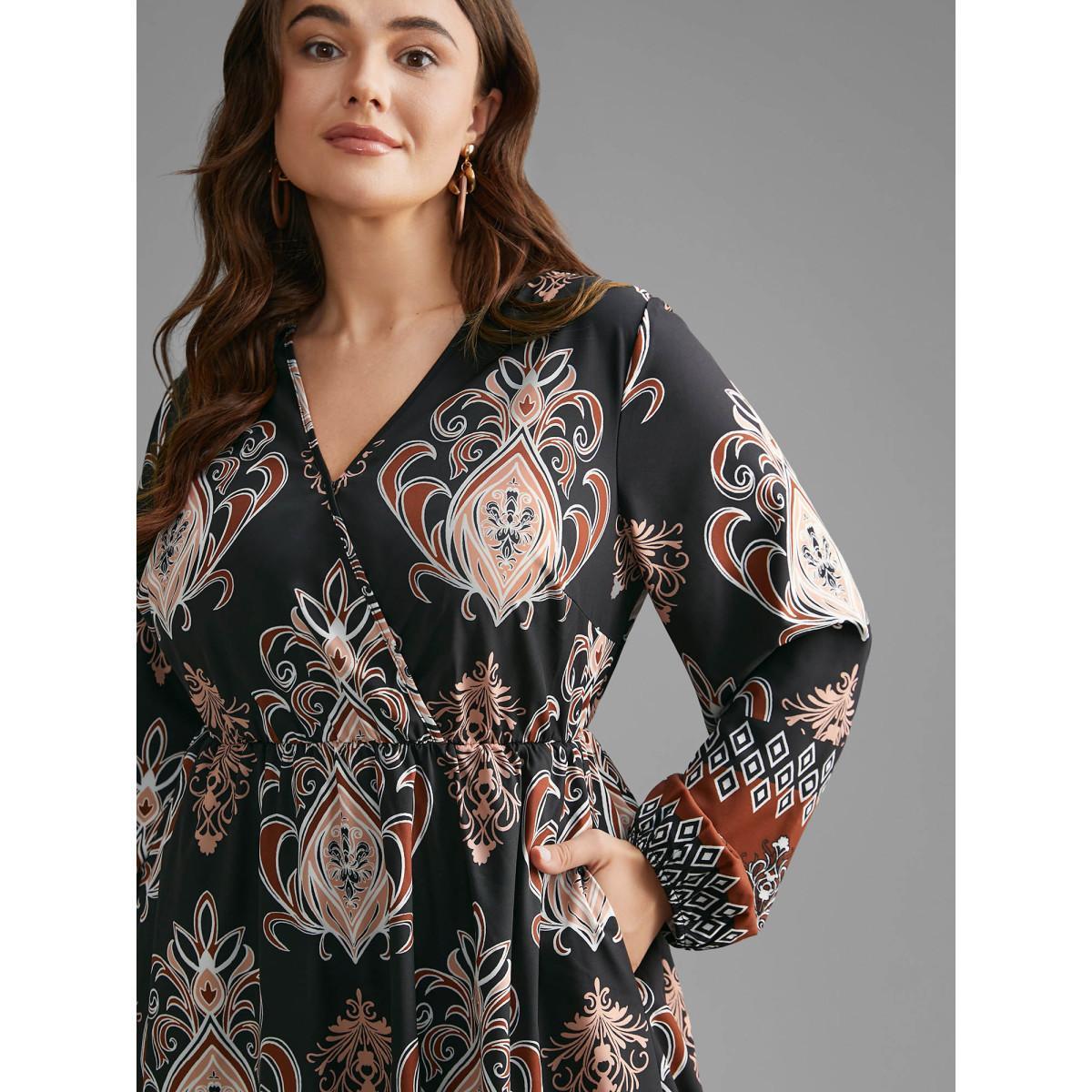 Plus Size Bandana Overlap Collar Elastic Waist Dress Black Women Resort Non Overlap Collar Long Sleeve Curvy BloomChic 12/L Product Image