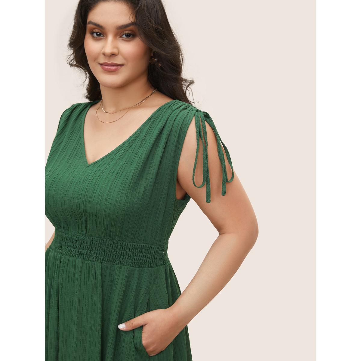 Plus Size Solid Texture Shirred Drawstring sleeve Dress DarkGreen Women Elegant Texture V-neck Cap Sleeve Curvy Midi Dress BloomChic 30/6X Product Image