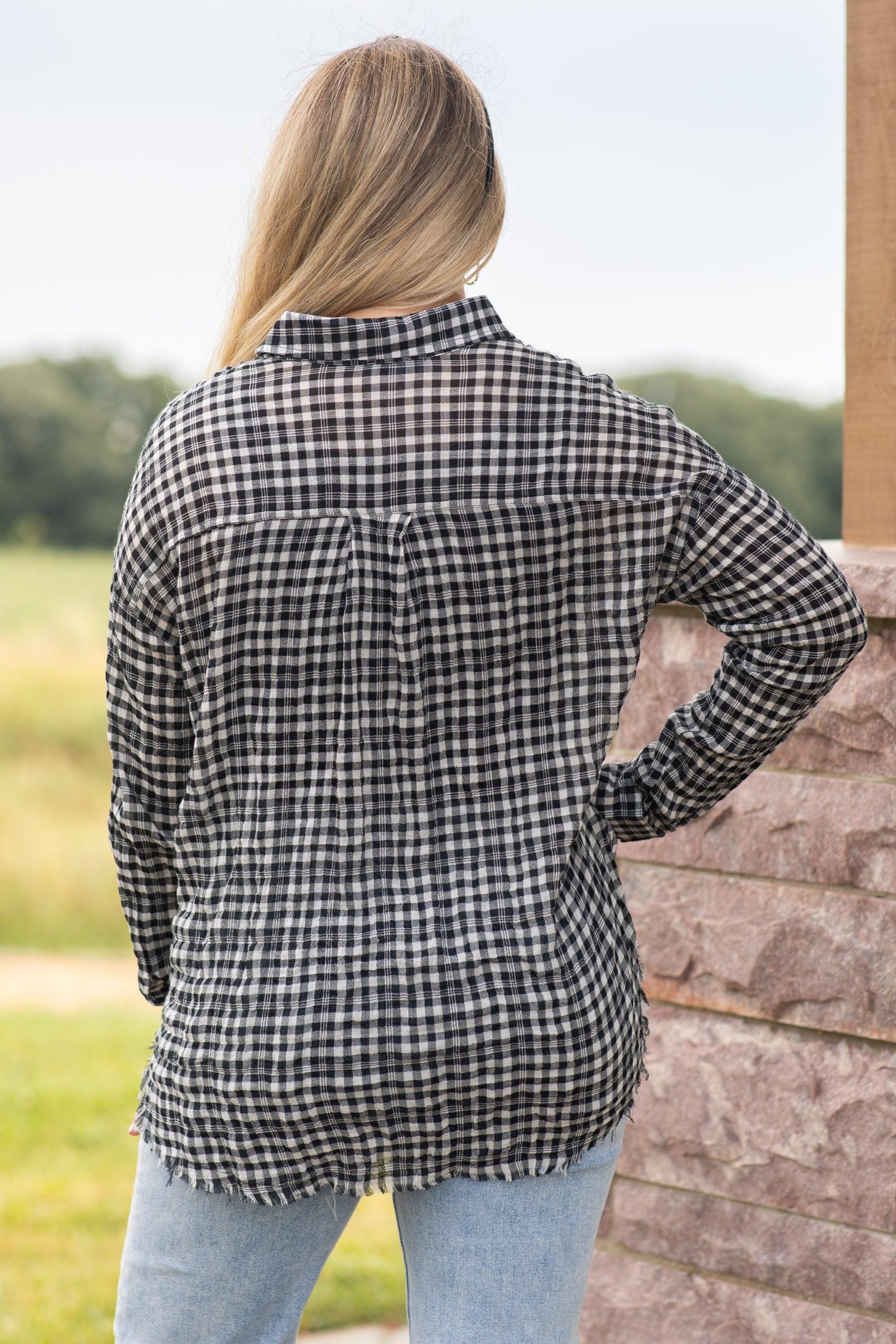 Black Collared Button-Up With Raw Hem Product Image