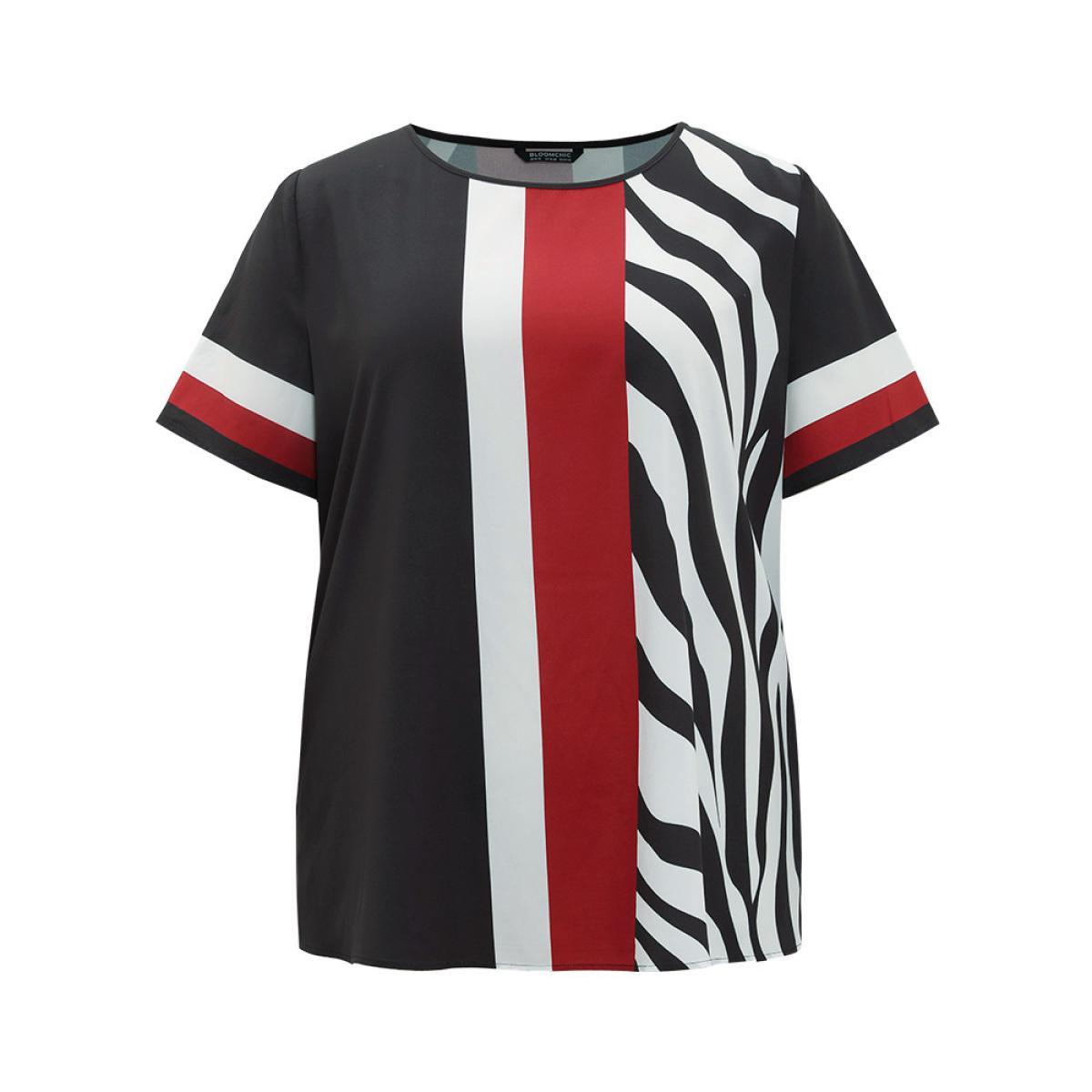 Plus Size Multicolor Striped & Geometric Print Crew Neck Blouse Women Elegant Short sleeve Round Neck Dailywear Blouses BloomChic 10/M Product Image