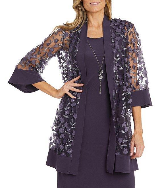 R & M Richards 3/4 Sleeve Scoop Neck Embroidered Flower Mesh 2-Piece Jacket Dress Product Image