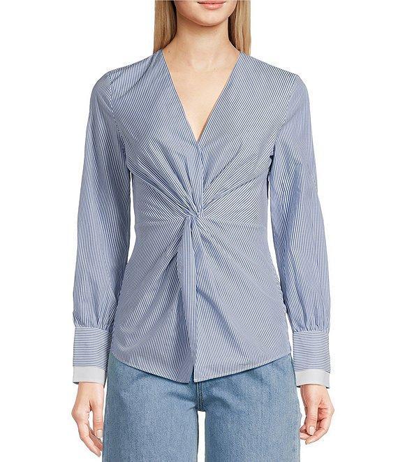 BOSS By Hugo Boss Woven Stripe Print V-Neck Twist Front Long Sleeve Shirt Product Image