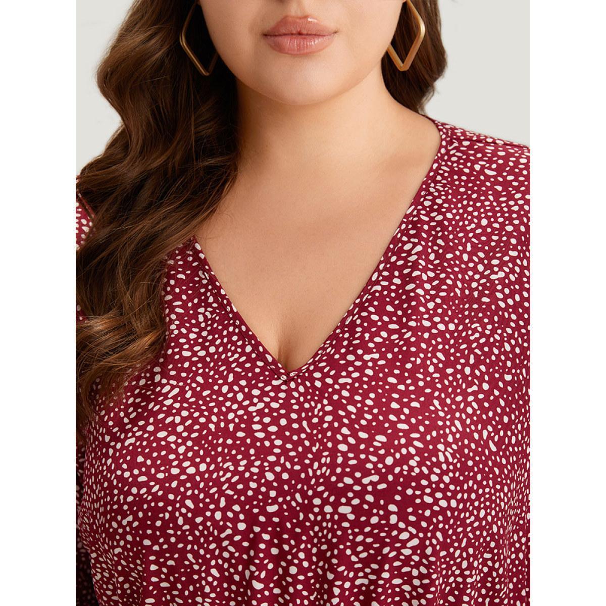Plus Size Leopard Print Pocket Flutter Hem Dress Burgundy Women Casual Elastic cuffs V-neck Long Sleeve Curvy Midi Dress BloomChic 28/5X Product Image