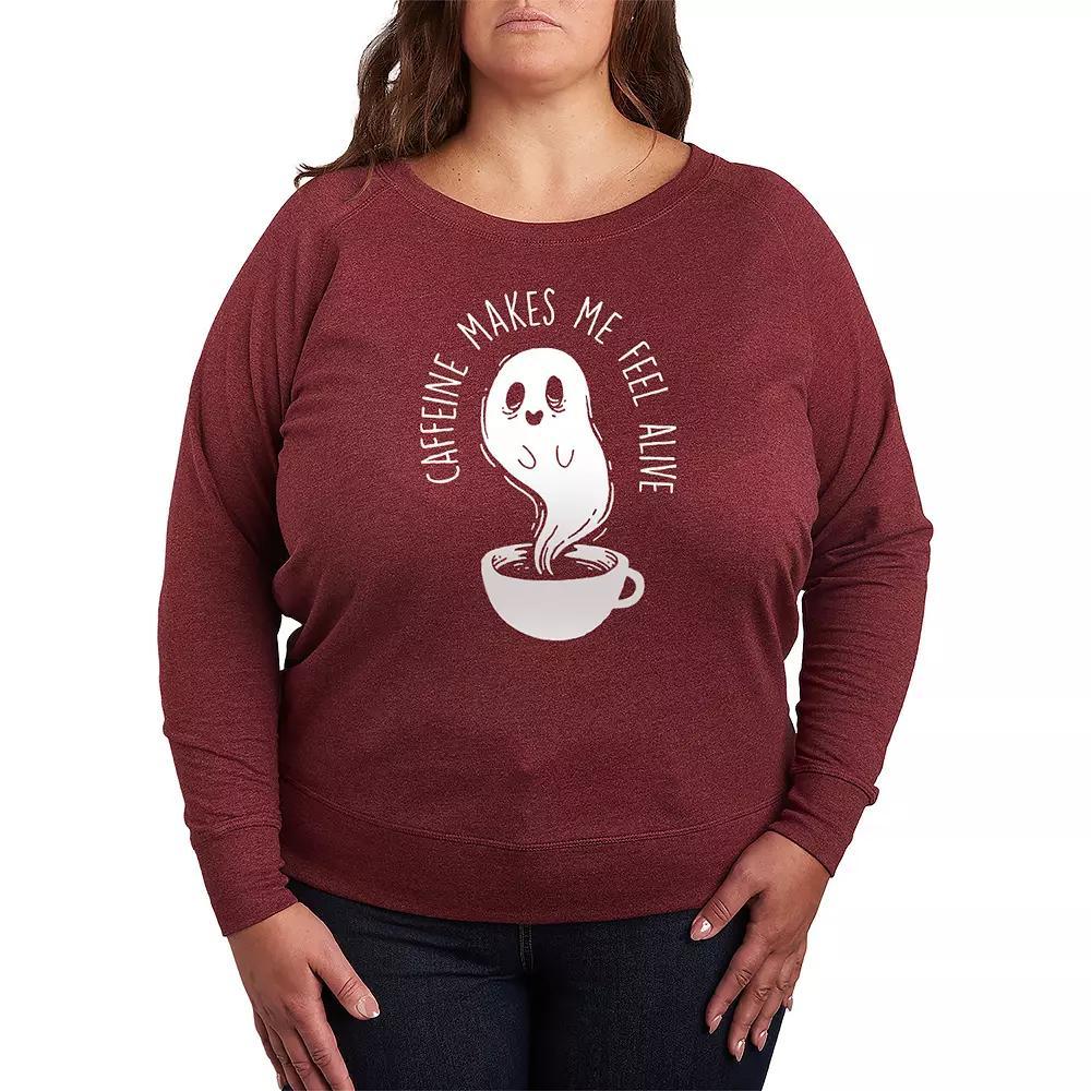 Plus Size Caffeine Makes Me Feel Alive Ghost French Terry Long Sleeve Tee, Womens Grey Dark Red Product Image
