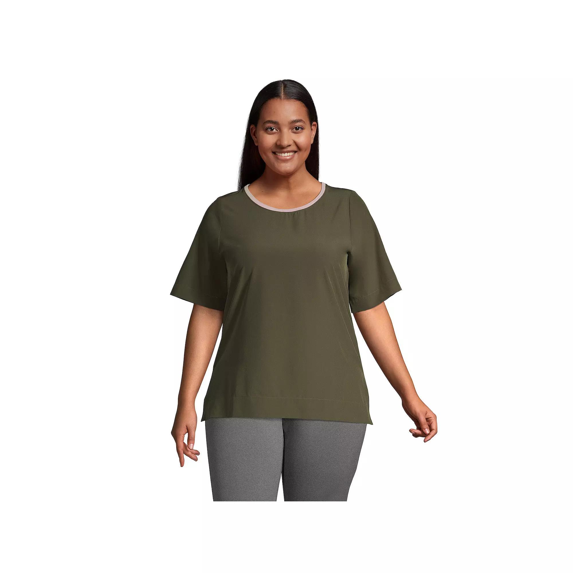 Plus Size Lands End Elbow Sleeve Commuter Tee, Womens Green Moss Product Image