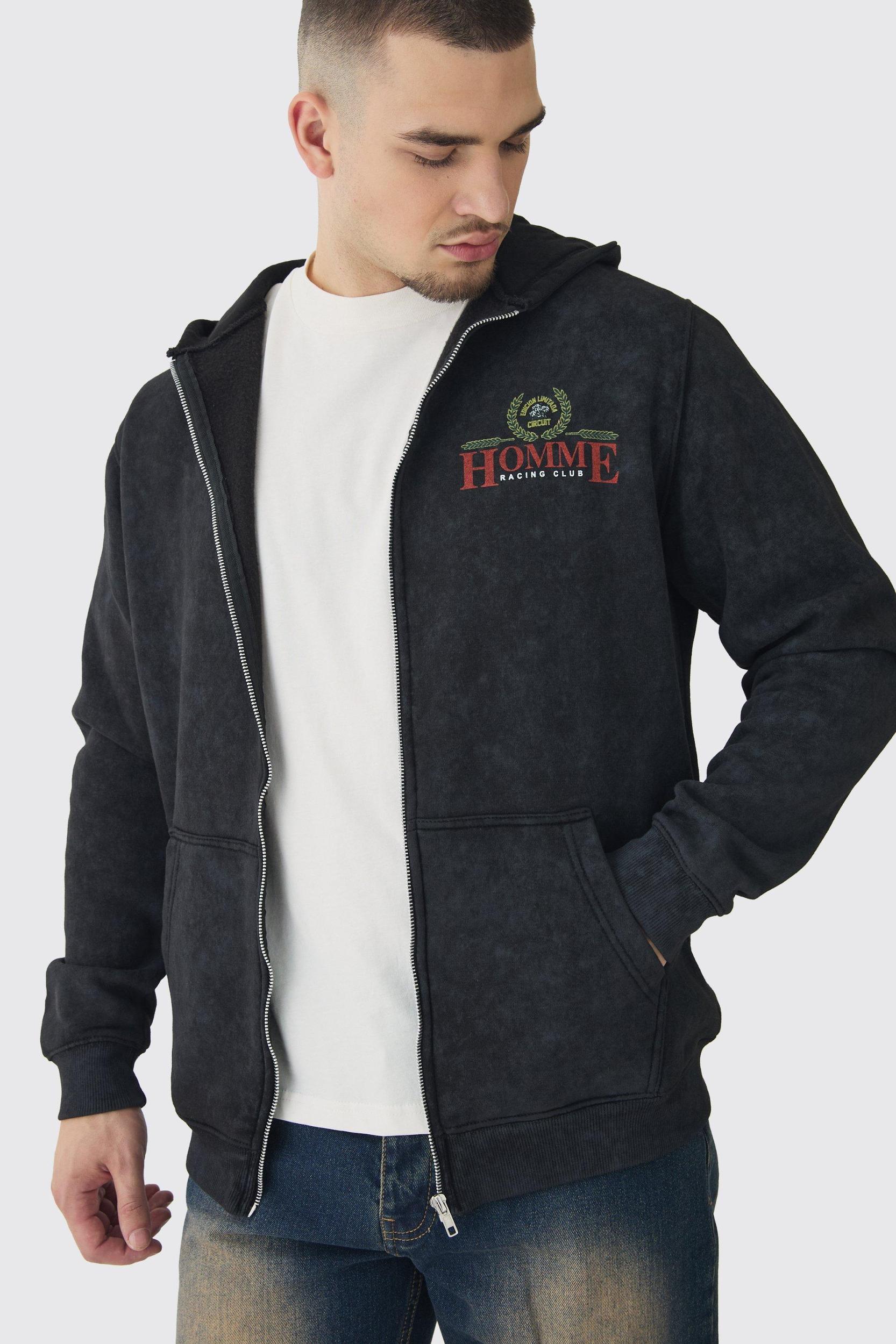Tall Washed Racing Print Zip Through Hoodie | boohooMAN USA Product Image
