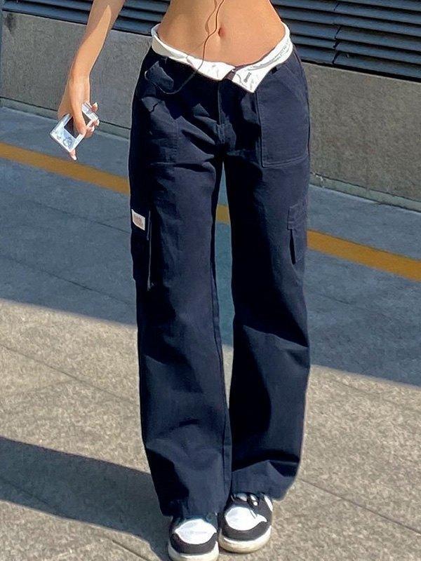 Fold Over Waist Y2K Straight Leg Pants Product Image