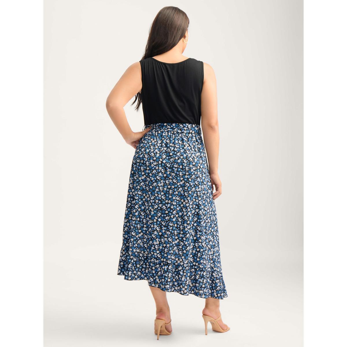 Plus Size Floral Asymmetrical Hem Bow-Tie Midi Dress BlackFlower Women Texture Round Neck Sleeveless Curvy BloomChic 14-16/1X Product Image