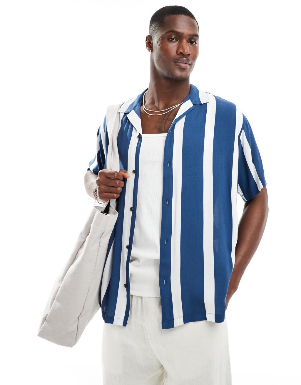 Jack & Jones camp collar shirt with vertical stripe in blue Product Image