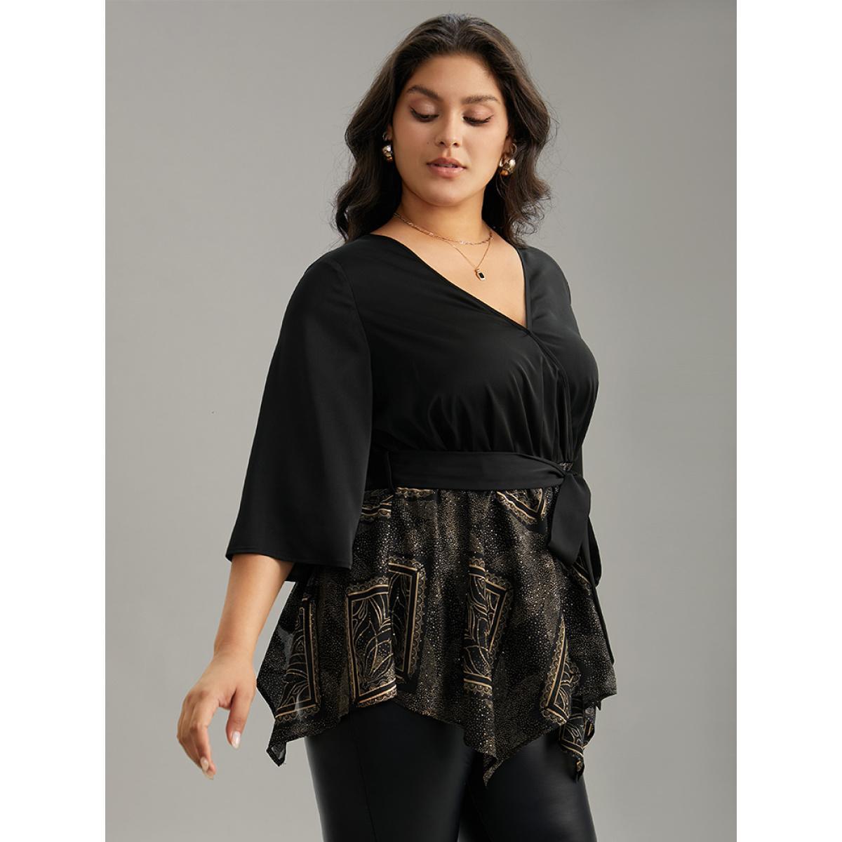 Plus Size Black Boho Print Chiffon Belted Patchwork Hanky Hem Blouse Women Glamour Elbow-length sleeve V-neck Going out Blouses BloomChic 28/5X Product Image