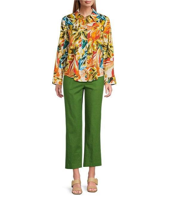 Investments Linen Blend Woven Palm Beach Multi Long Sleeve Point Collar Button Front Top Product Image