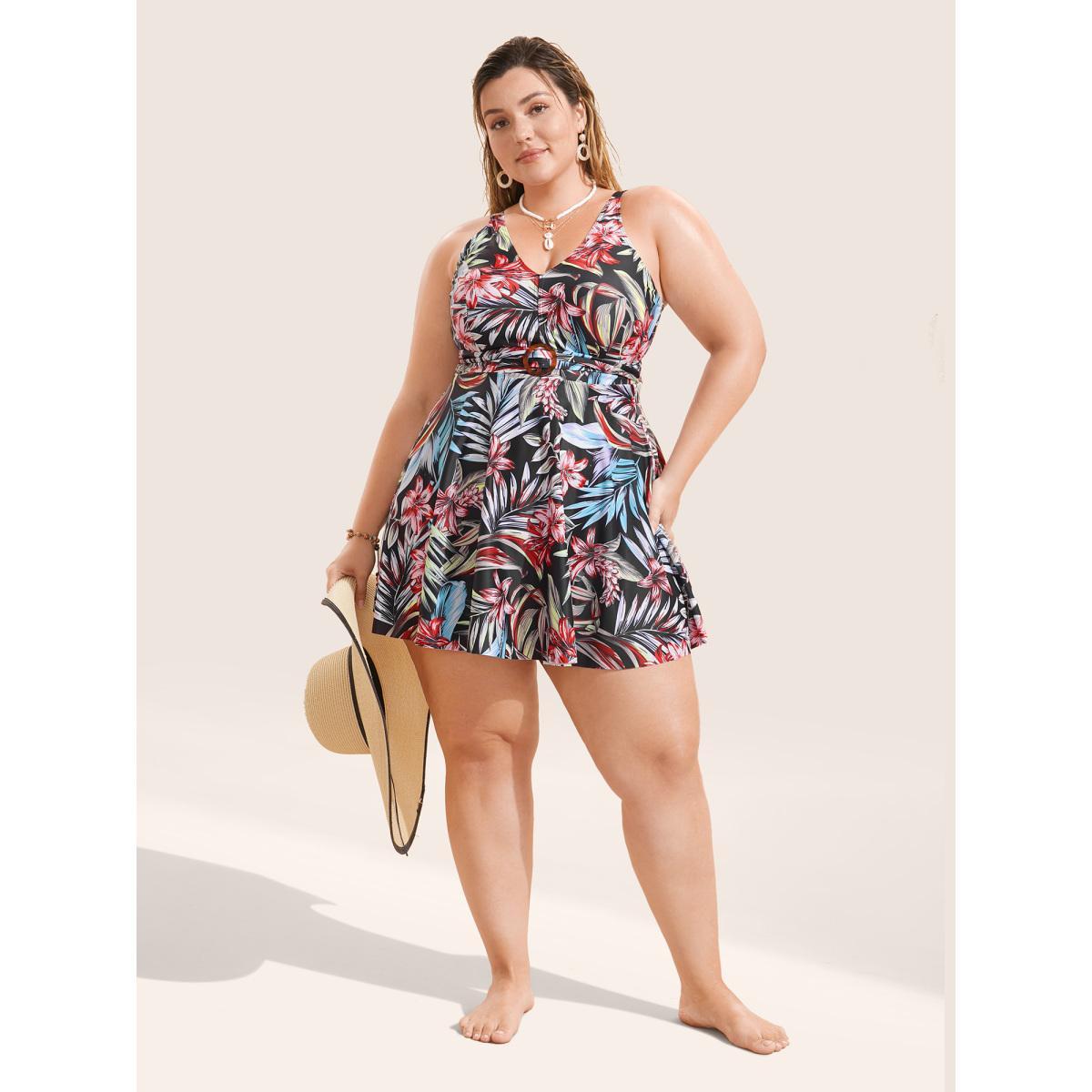 Plus Size Tropical Print Buckle Detail Swim Dress Women's Swimwear BlackFlower Beach Bodycon V-neck High stretch Curve Swim Dresses BloomChic 12/L Product Image