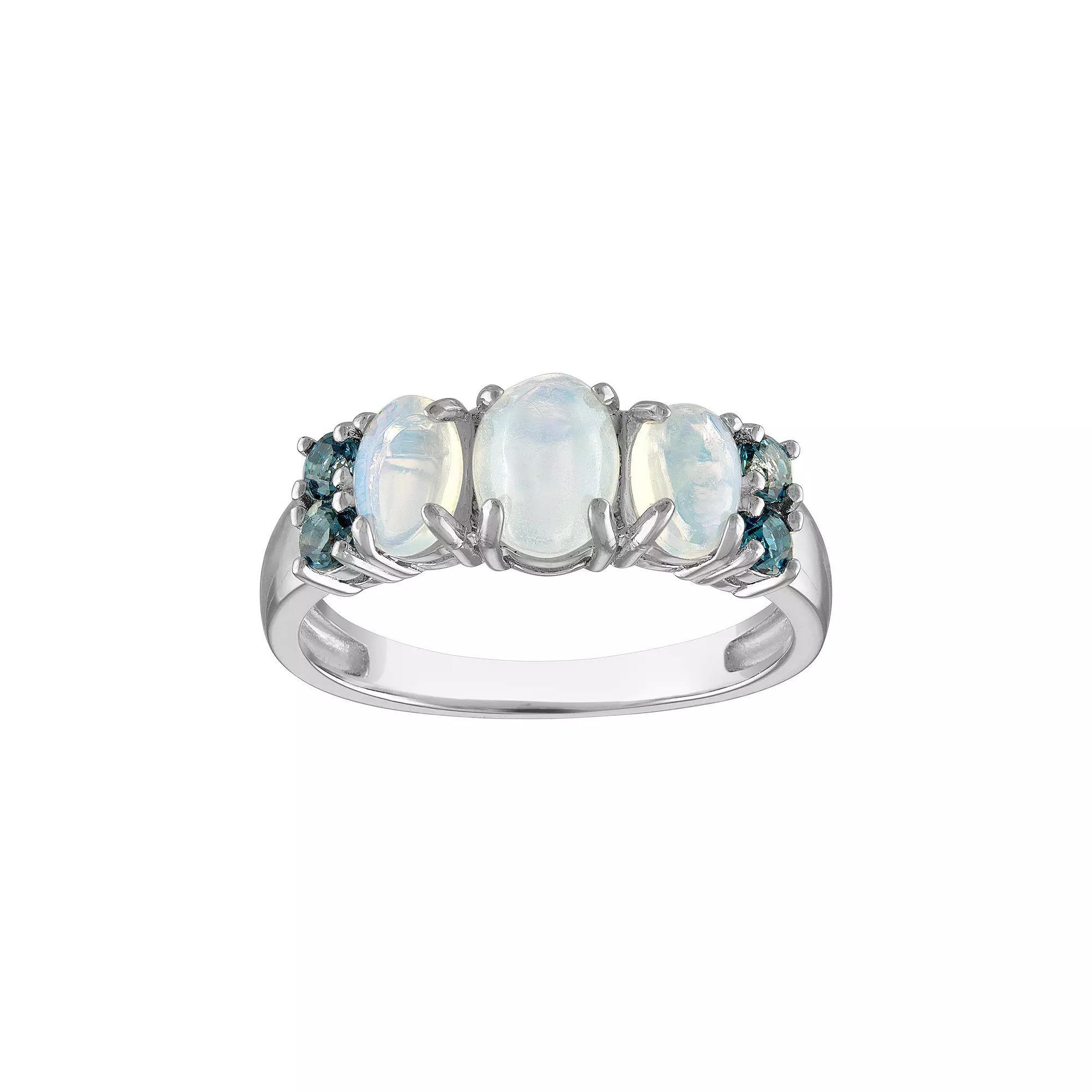 Tiara Sterling Silver White Opal & London Blue Topaz Three-Stone Ring, Womens Product Image