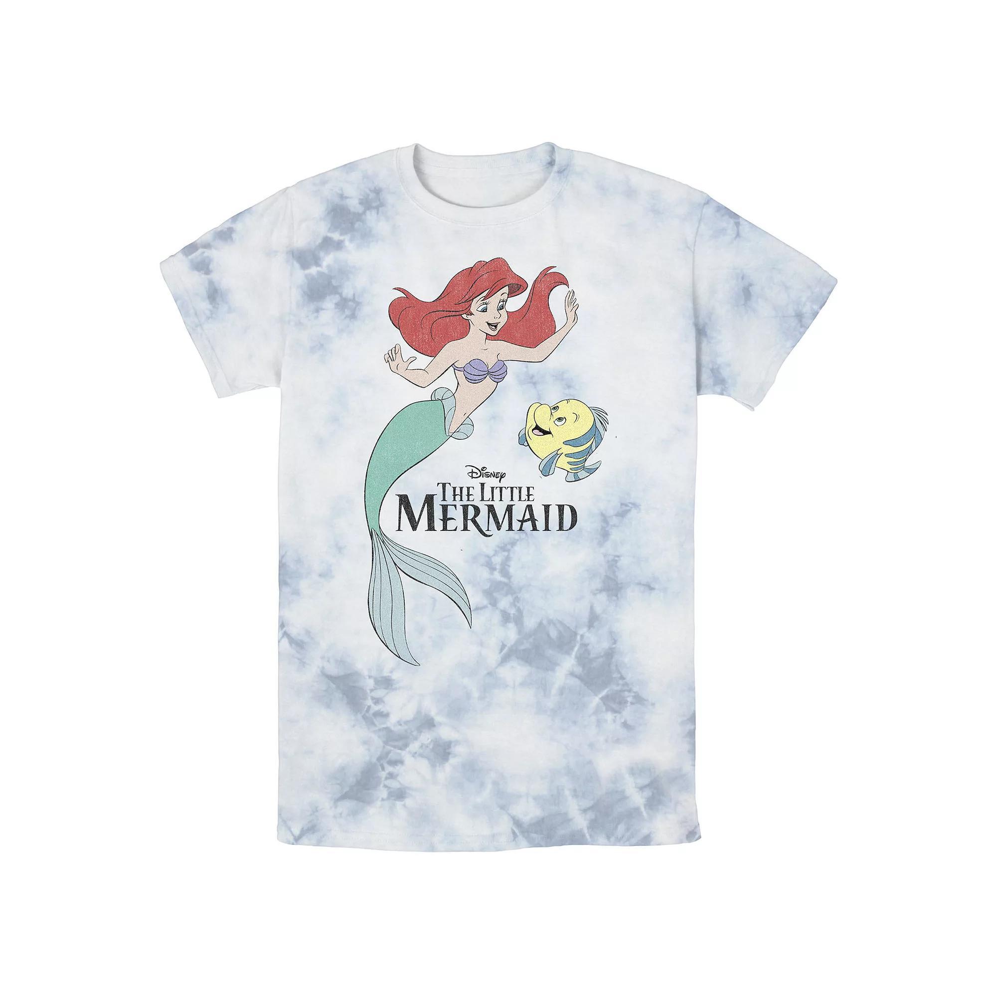 Men's Disney The Little Mermaid Ariel & Flounder Portrait Bomabrd Wash Tee, Boy's, Size: Large, White Blue Product Image