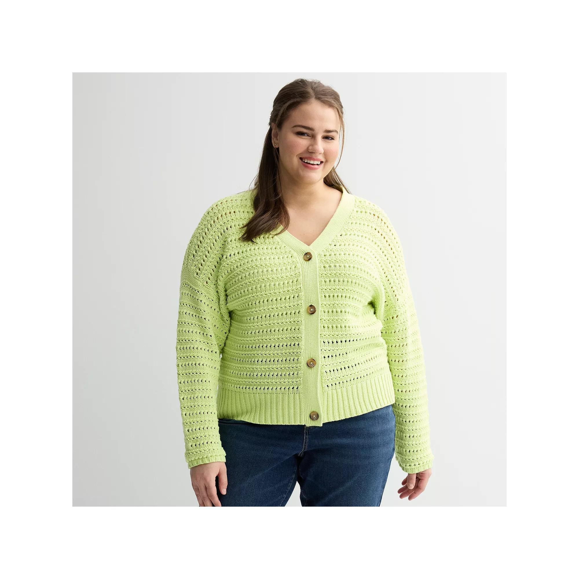Plus Size Sonoma Goods For Life Open Stitch Knit Cardigan, Womens Green Kiss Product Image