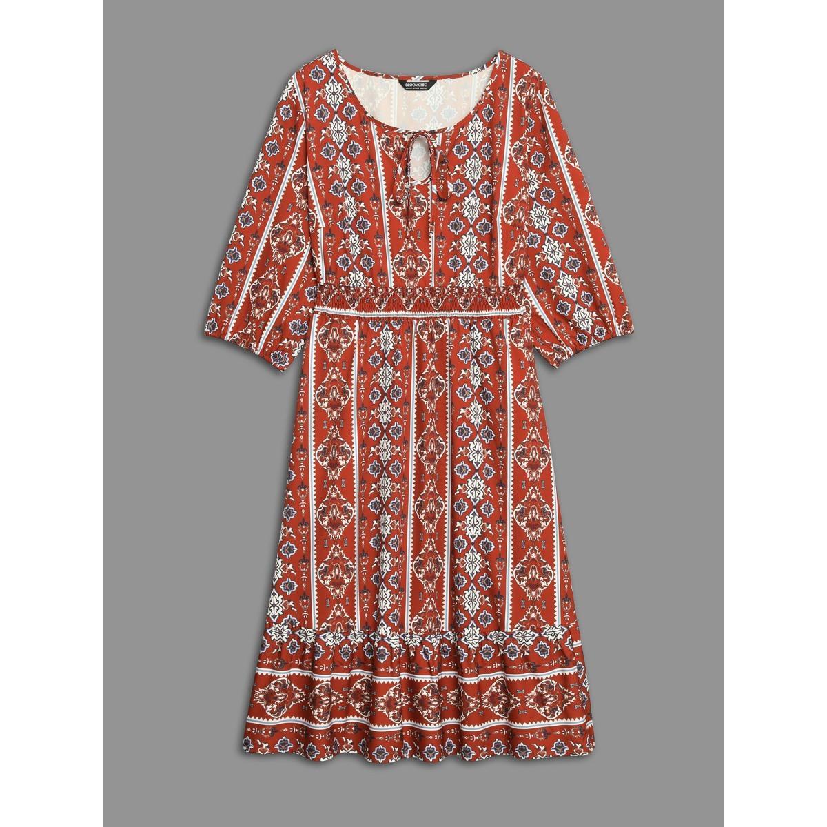 Plus Size Boho Print Shirred Tie Knot Midi Dress Russet Women Resort Tie knot V-neck Elbow-length sleeve Curvy BloomChic 12/L Product Image