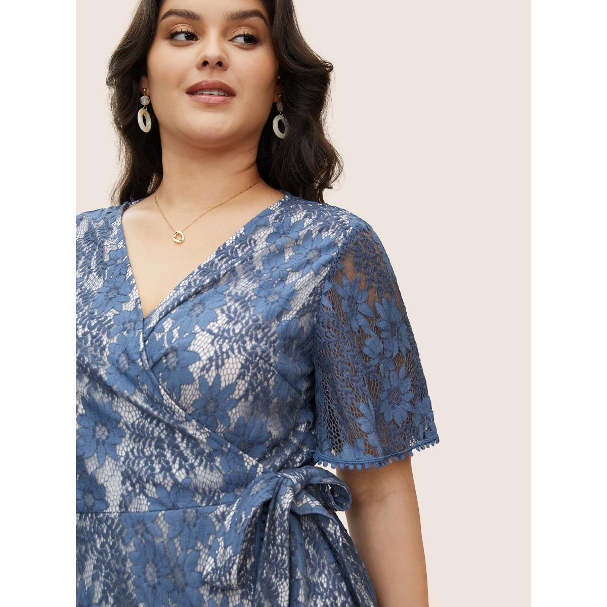 Plus Size DarkBlue Floral Crochet Lace Mesh Pompom Trim Blouse Women Elegant Short sleeve Overlap Collar Everyday Blouses BloomChic 28/5X Product Image