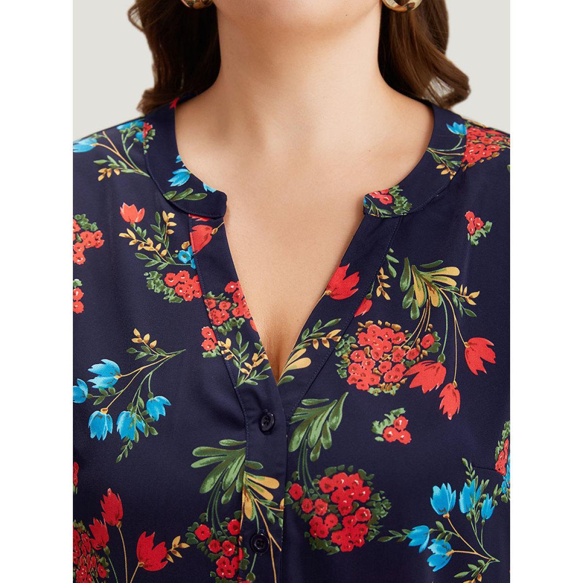 Plus Size Indigo Floral Print Notched Tab Sleeve Blouse Women Elegant Long Sleeve V-neck Dailywear Blouses BloomChic 30/6X Product Image