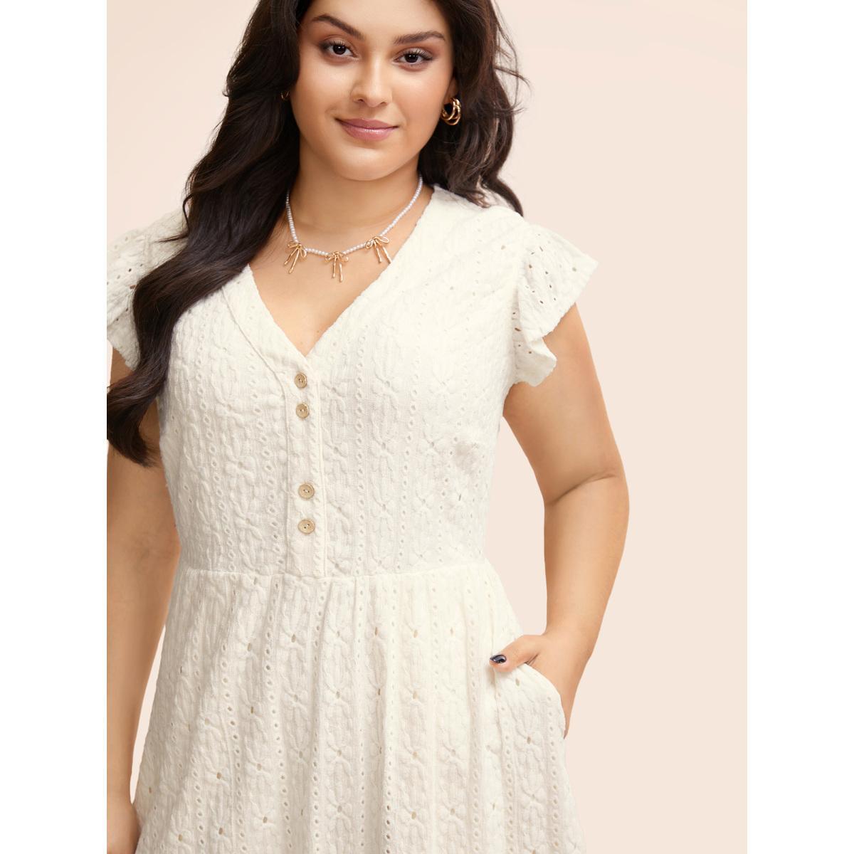 Plus Size Textured Button Detail Cap Sleeve Dress Ivory Women Elegant Texture V-neck Cap Sleeve Curvy BloomChic 26/4X Product Image