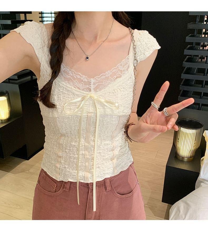 Cap Sleeve V-Neck Lace Panel Tie-Front Ruched Crop Top Product Image