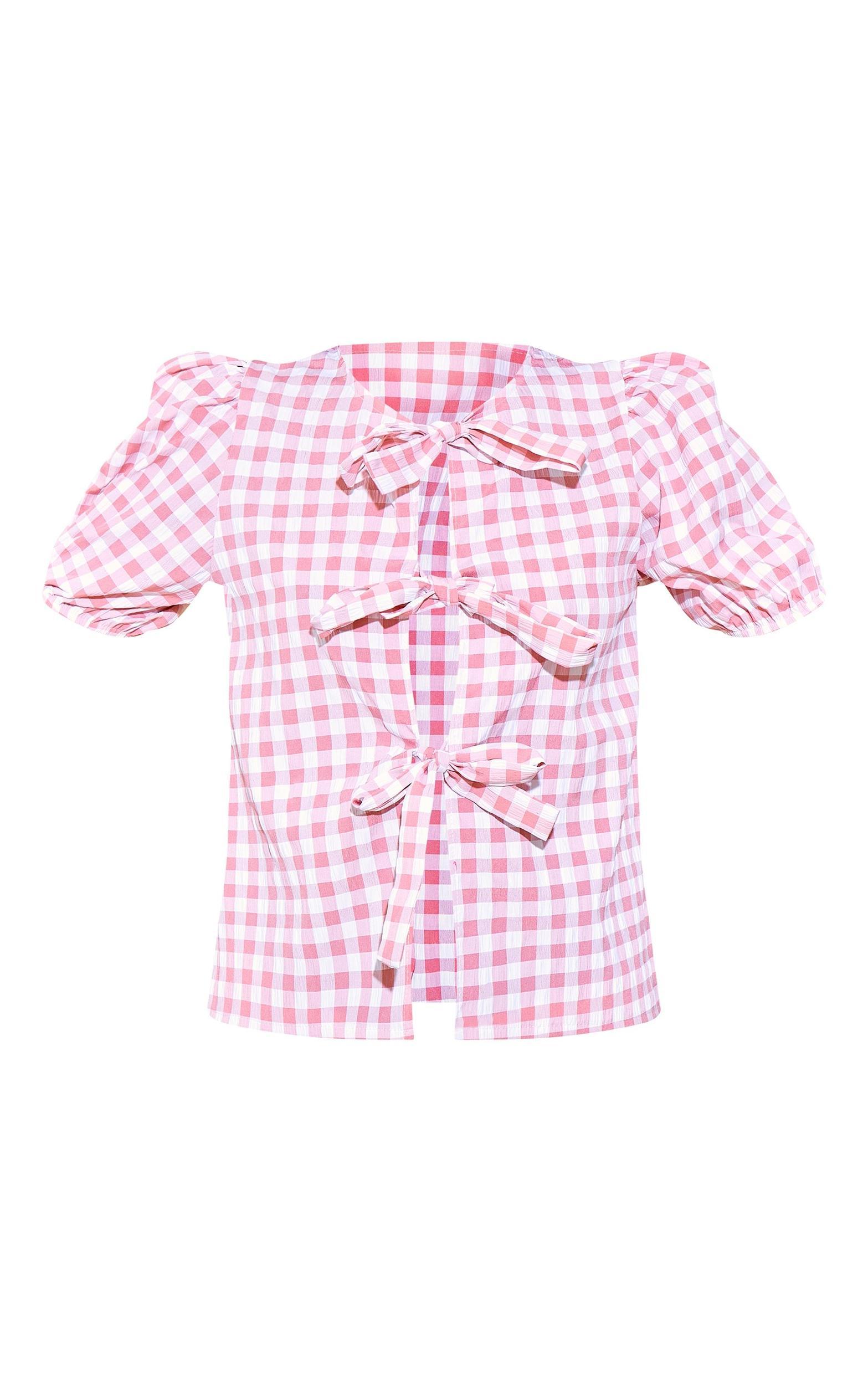 Pink Gingham Tie Front Puff Sleeve Blouse Product Image