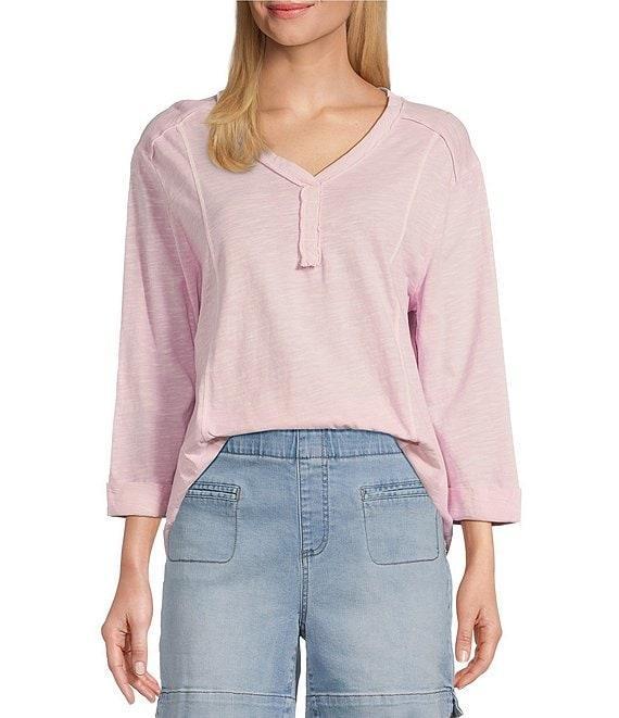 Westbound Petite Size Rolled 3/4 Sleeve Faux Henley Top Product Image