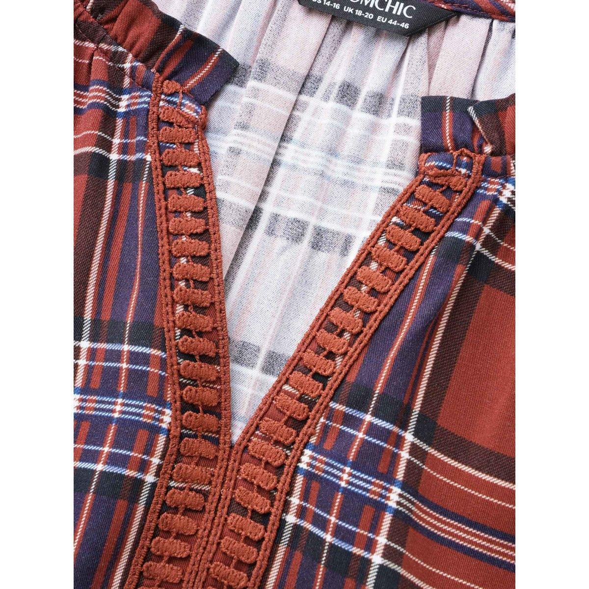 Plus Size Browncoffeecolor Plaid Contrast Webbing Ruffle Trim Blouse Women Elegant Long Sleeve Flat collar with V-notch Everyday Blouses BloomChic 22-24/3X Product Image