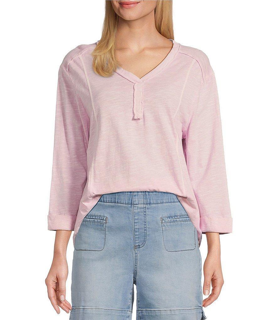 Westbound Petite Size Rolled 3/4 Sleeve Faux Henley Top Product Image