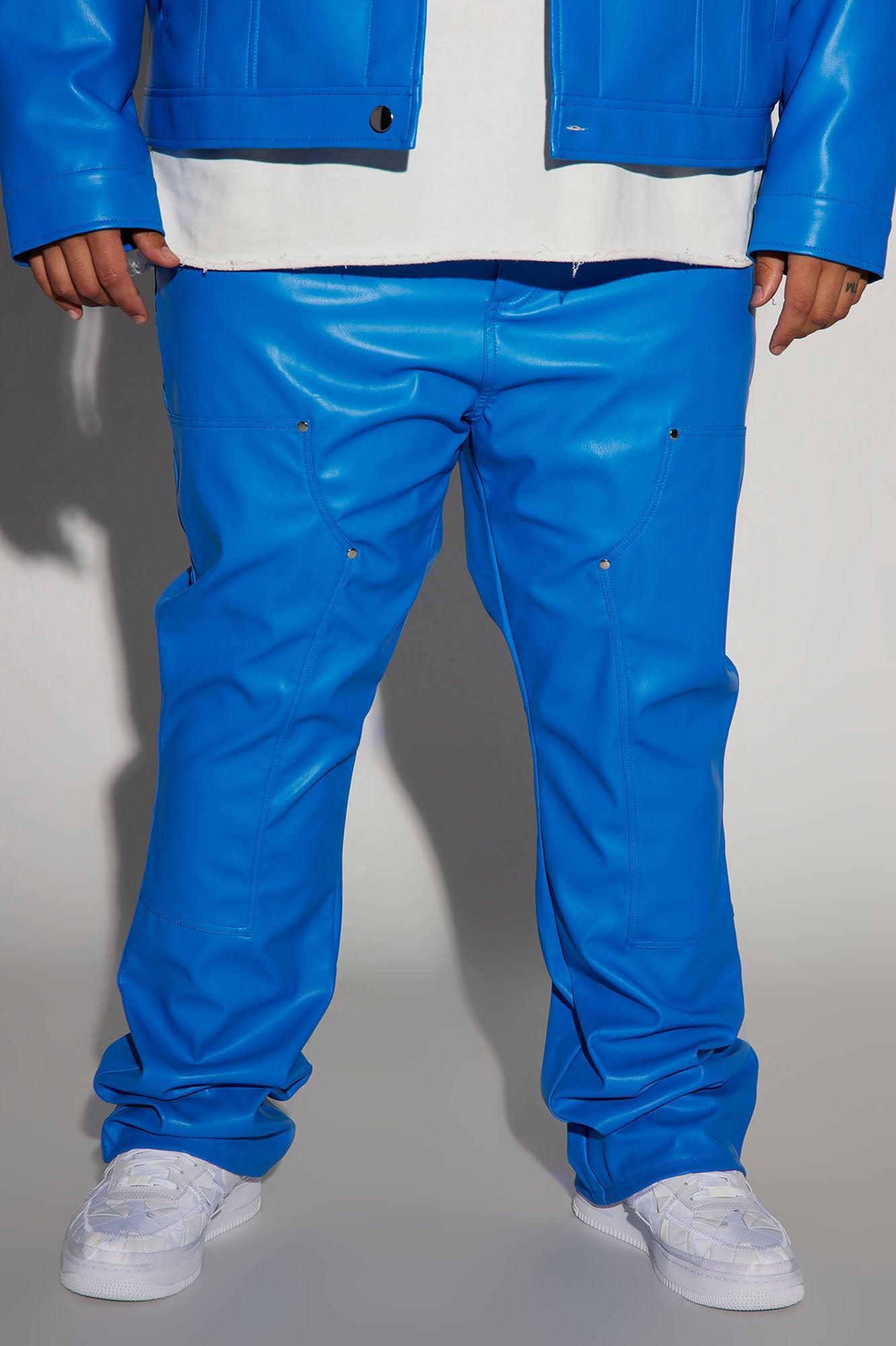 Elliot Stacked Slim Flared PU Pants - Blue Product Image
