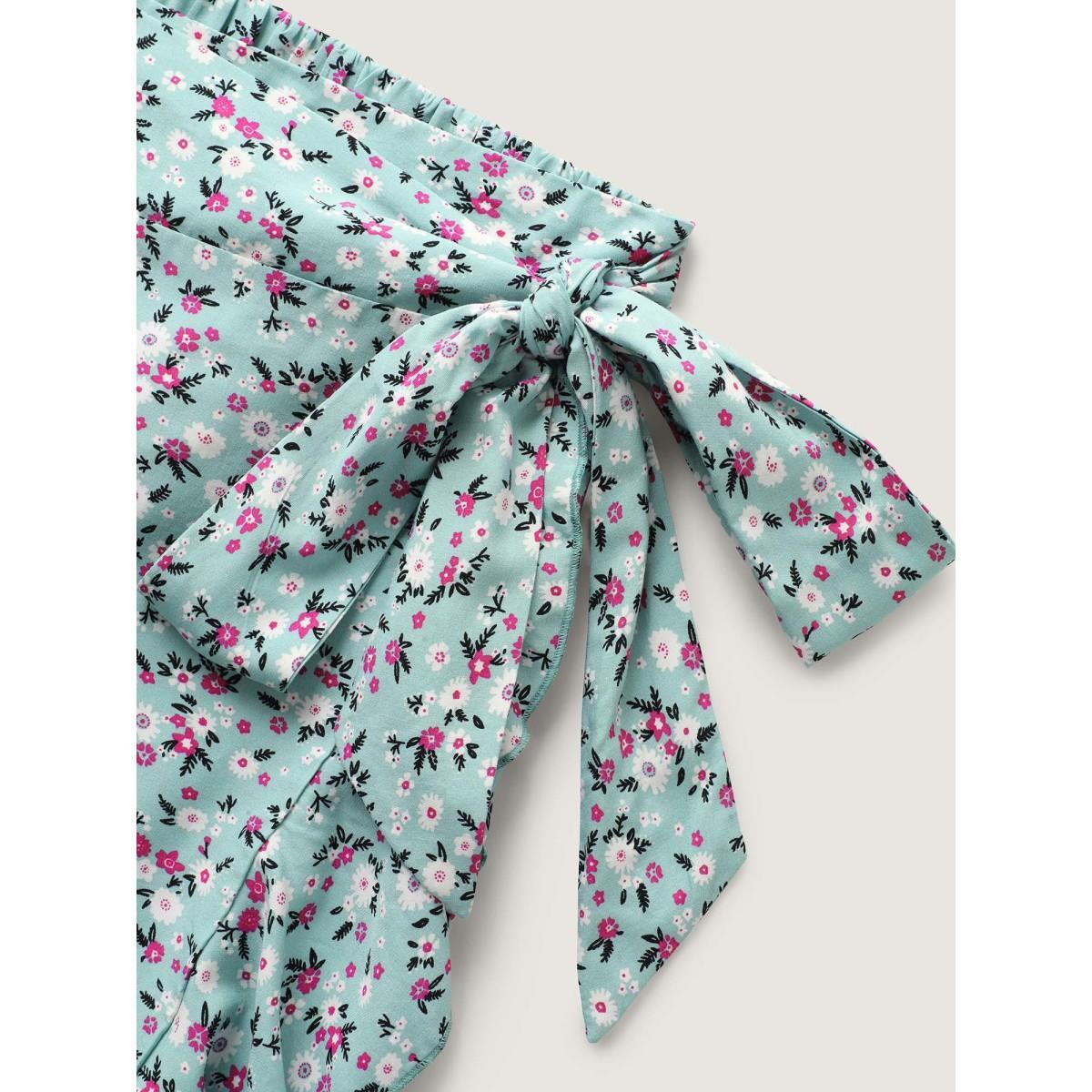 Plus Size Rayon Ditsy Floral Print Side-Tie Maxi Skirt Women LightGreen Resort Loose No stretch Side seam pocket Belt Vacation Skirts BloomChic 14-16/1X Product Image