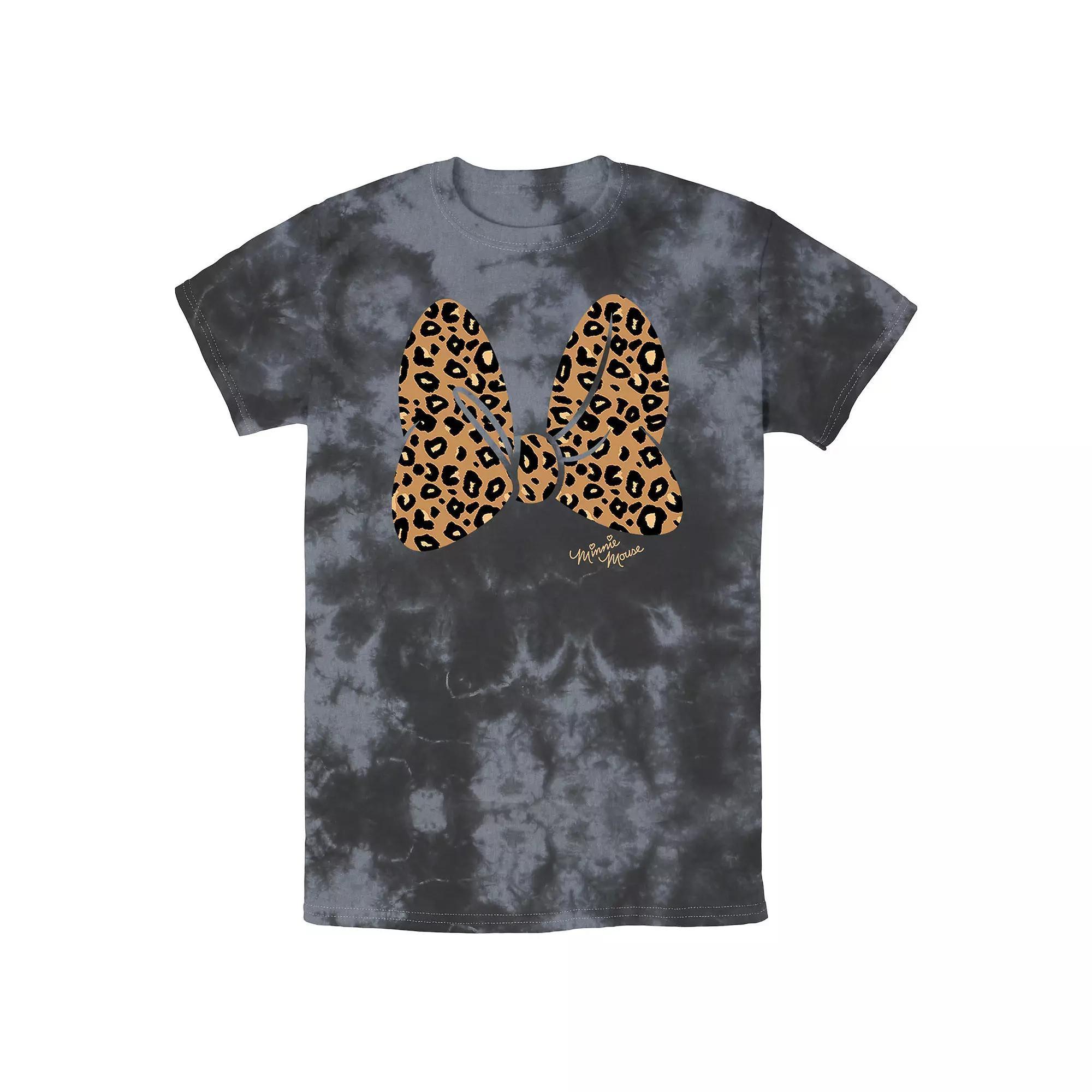 Disneys Minnie Mouse Mens Leopard Print Bow Wash Tee Black Grey Product Image