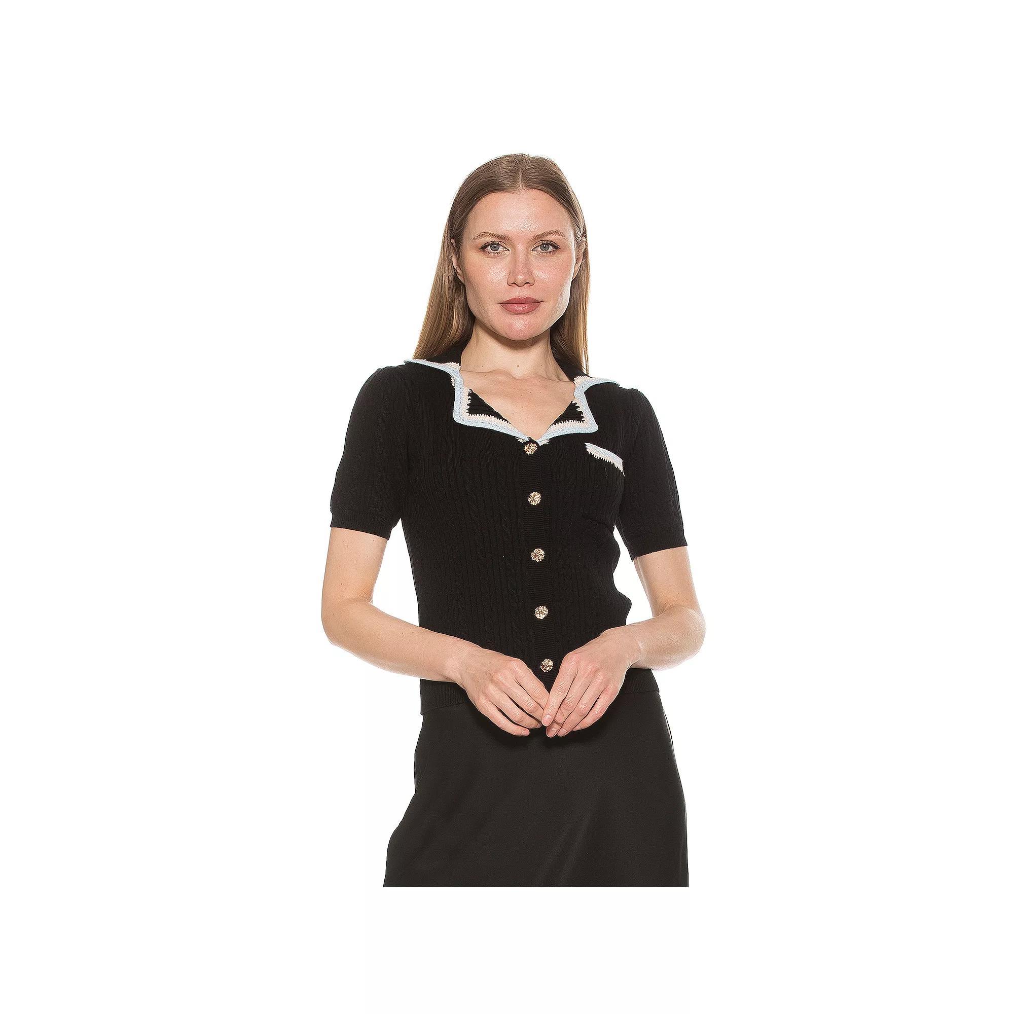 Women's ALEXIA ADMOR Kith Knit Short Sleeve Button Down Collared Top, Size: Medium, Ivory Product Image