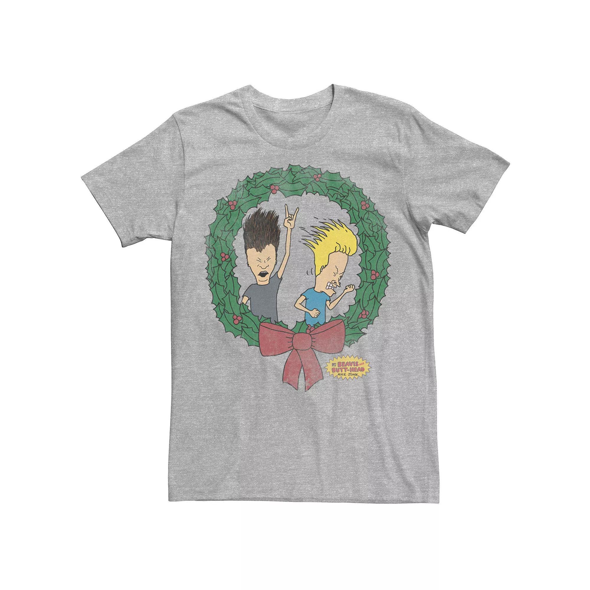 Men's Beavis And Butthead Christmas Wreath Tee, Size: Small, Grey Product Image