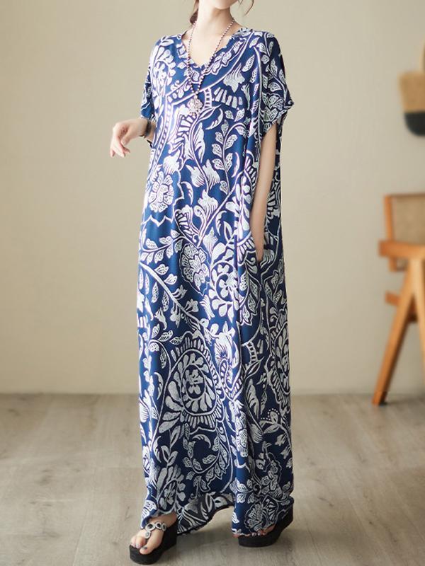Loose Short Sleeves Printed V-Neck Maxi Dresses Product Image