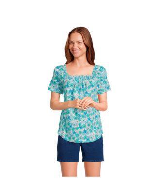 Women's Lands' End Smocked Square Neck Tee, Size: Medium, Blue Small Floral Product Image