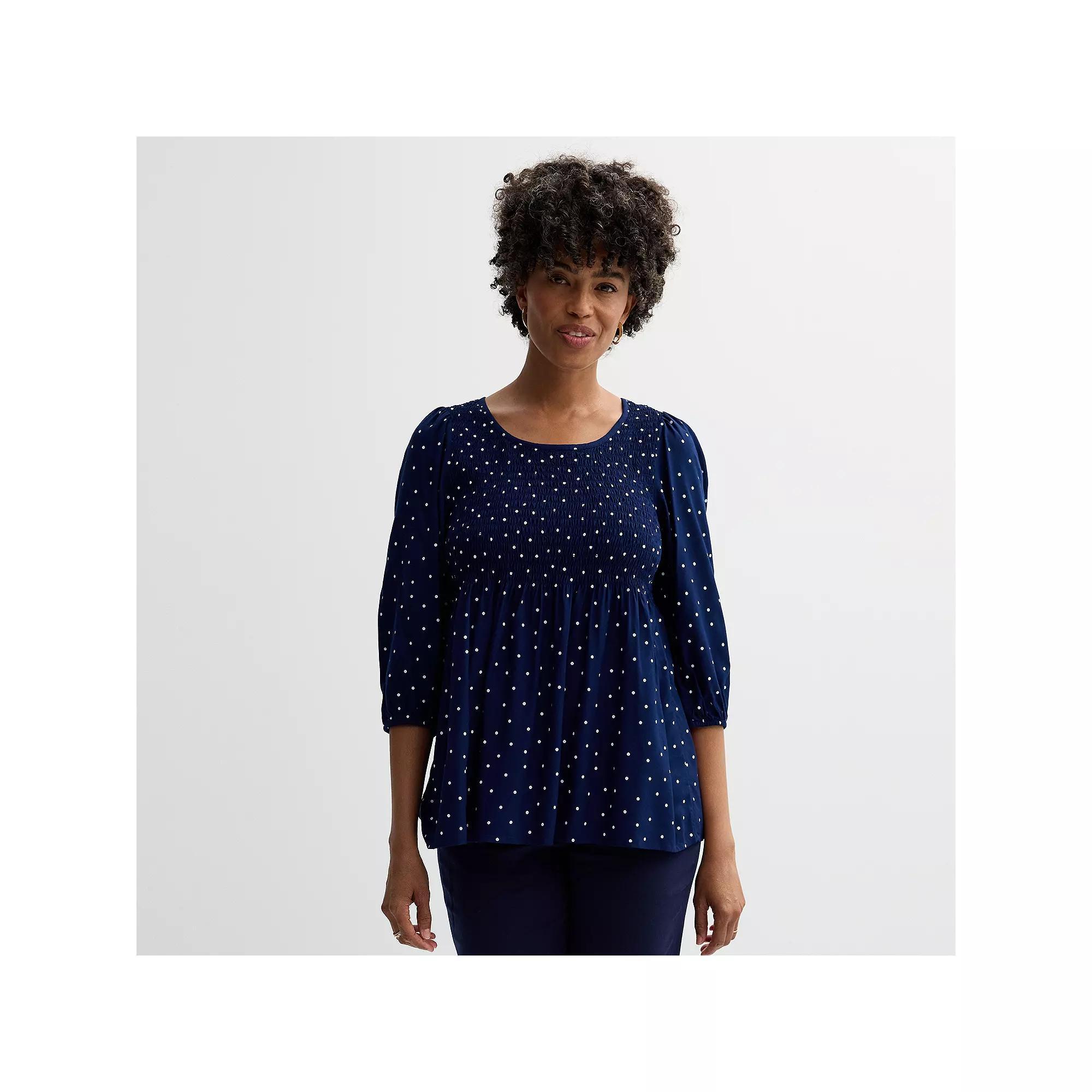 Women's Croft & Barrow® Three-Quarter Sleeve Smocked Blouse, Size: Medium, Blue Scatter Dot Product Image
