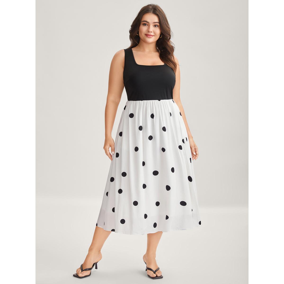 Plus Size Polka Dots Stretchy Waist Pockets Midi Dress Black Women U-neck Sleeveless Curvy BloomChic 26/4X Product Image