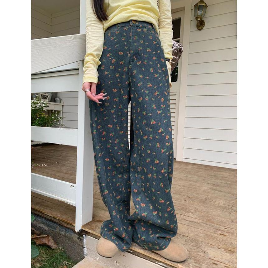 High Waist Floral Print Loose-Fit Wide-Leg Pants Product Image