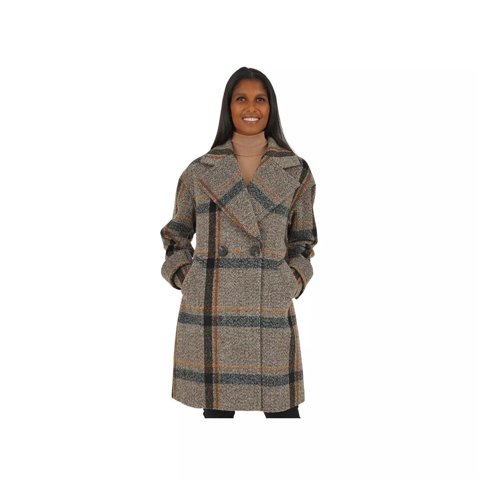 Women's Fleet Street Long Double Breasted Boucle Coat, Size: Medium, Brown Plaid Product Image
