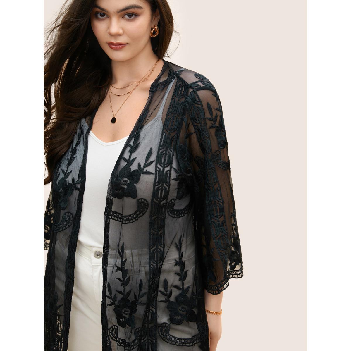 Plus Size Floral Embroidered Crochet Lace Mesh Kimono Women Black Elegant See through Everyday Kimonos BloomChic 12/L Product Image