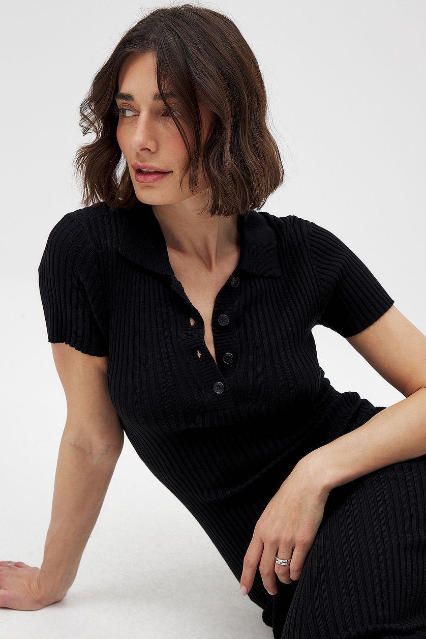 Knitted Short Sleeve Button Dress Product Image