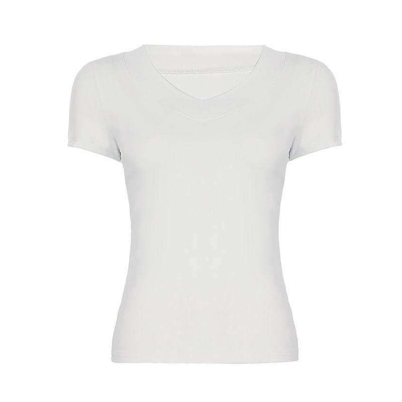 Short Sleeve V-Neck Plain Slim-Fit Crop T-Shirt Product Image