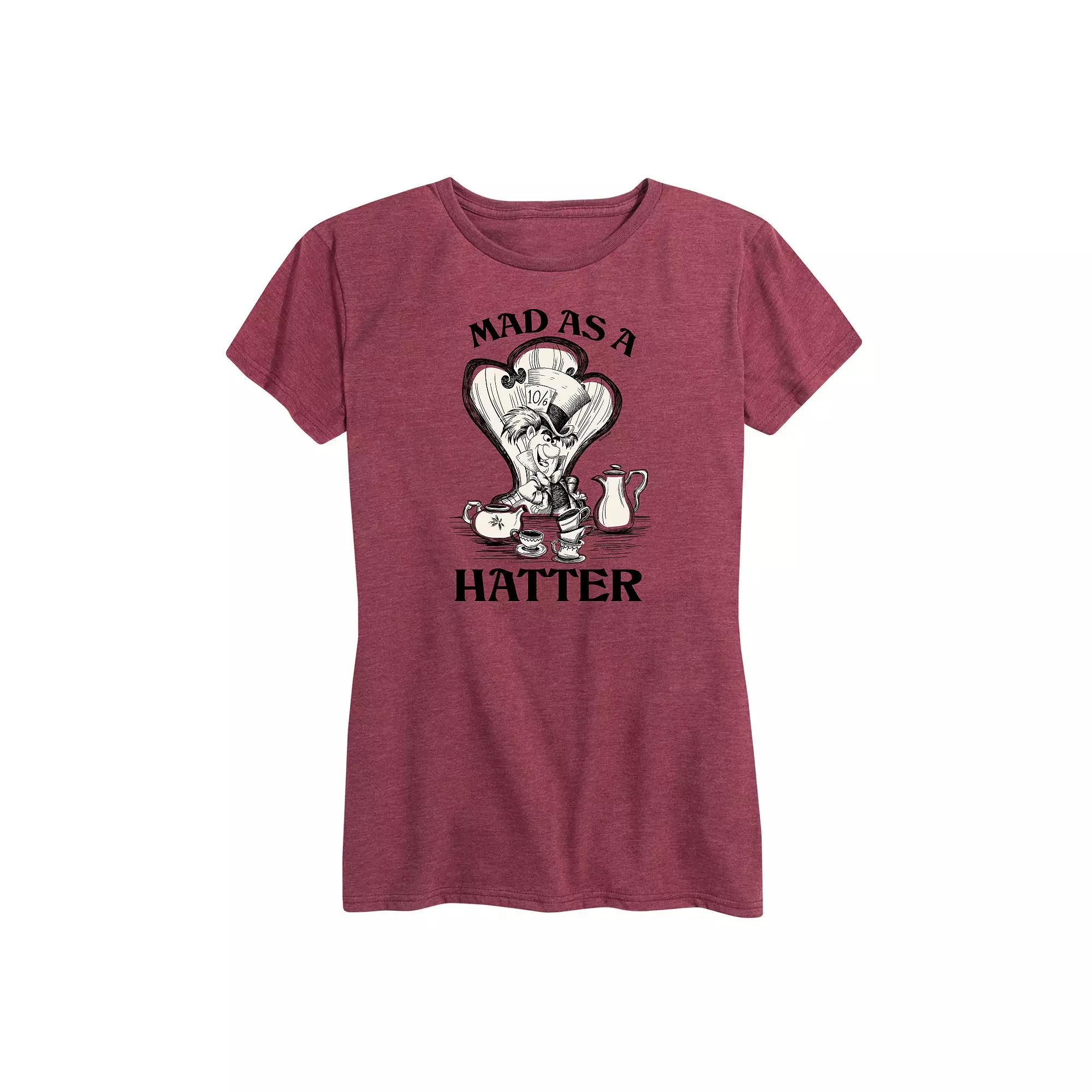 Disneys Alice in Wonderland Womens Mad As A Hatter Graphic Tee, Girls Grey Dark Red Product Image